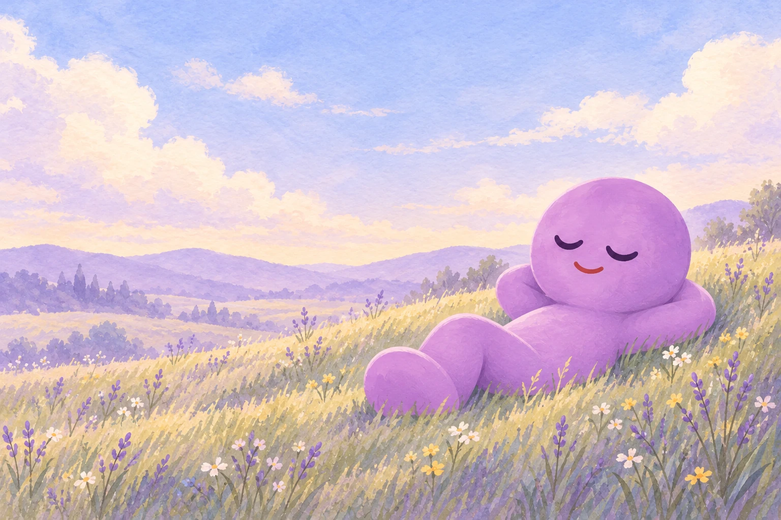 Kloey resting in a flowered meadow beneath a soft sky