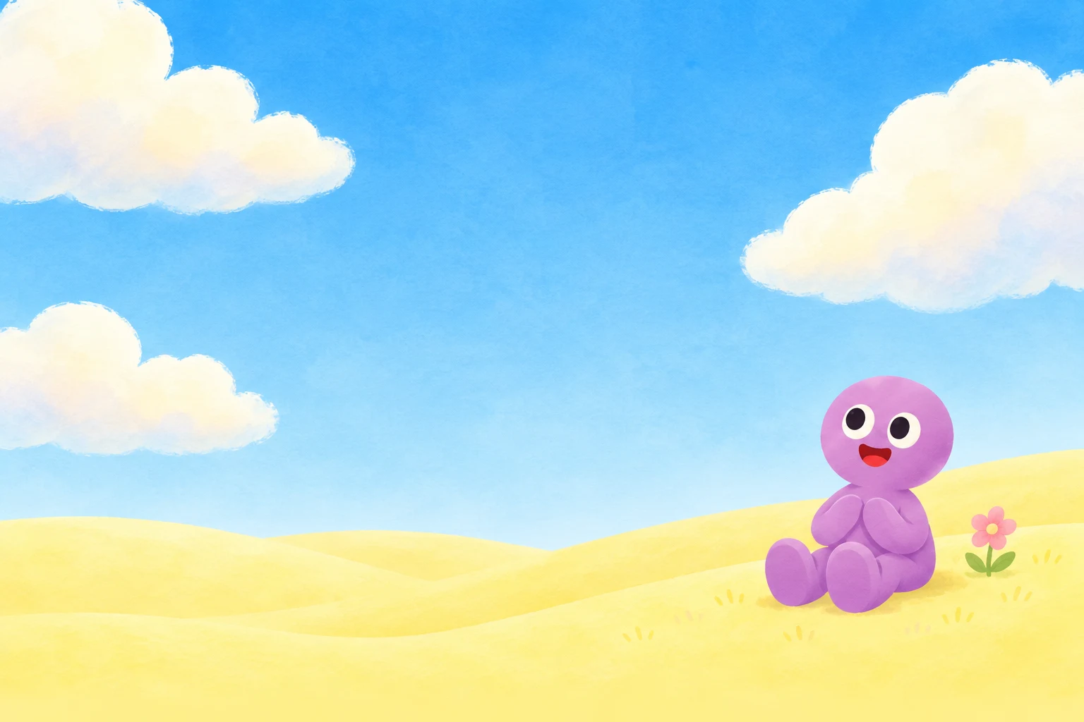 Kloey sitting on a sunny yellow hill beneath a blue sky and soft clouds
